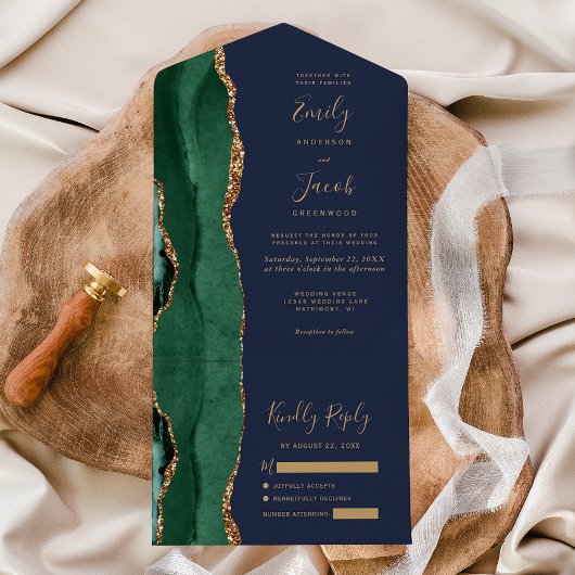 Invitation Tout En Un Emerald Green Gold Agate Navy Blue Wedding