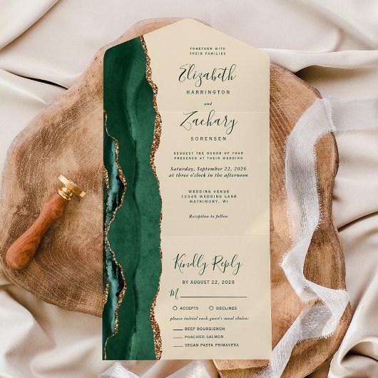 Invitation Tout En Un Emerald Green Gold Champagne Meal Options Wedding