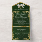 Invitation Tout En Un Emerald Green, Gold Feuilles, Doves & Heart (À l'intérieur)