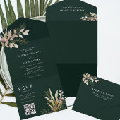 Invitation Tout En Un Emerald Green & Gold Greenery QR Code RSVP Mariage