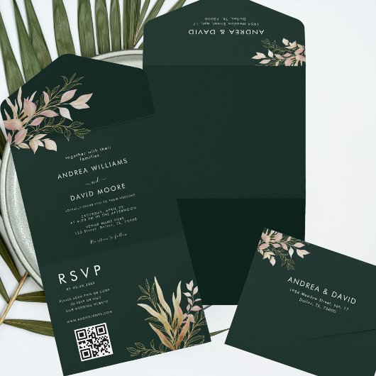 Invitation Tout En Un Emerald Green & Gold Greenery QR Code RSVP Mariage