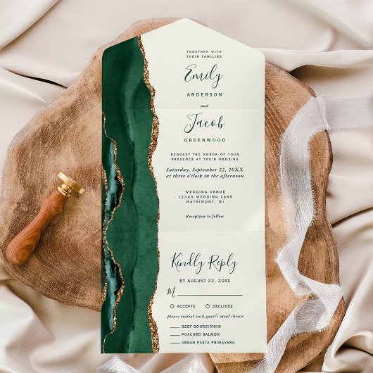 Invitation Tout En Un Emerald Green Gold Ivory Meal Options Wedding