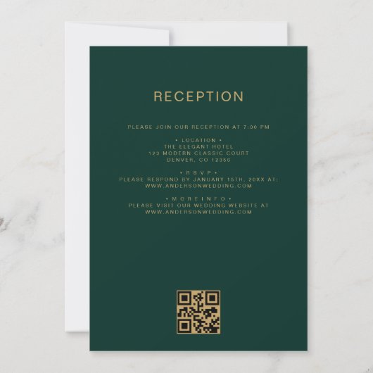 Invitation Tout en un Emerald Green Gold Mariage QR Code (Dos)
