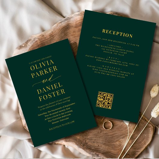 Invitation Tout en un Emerald Green Gold QR Code Mariage