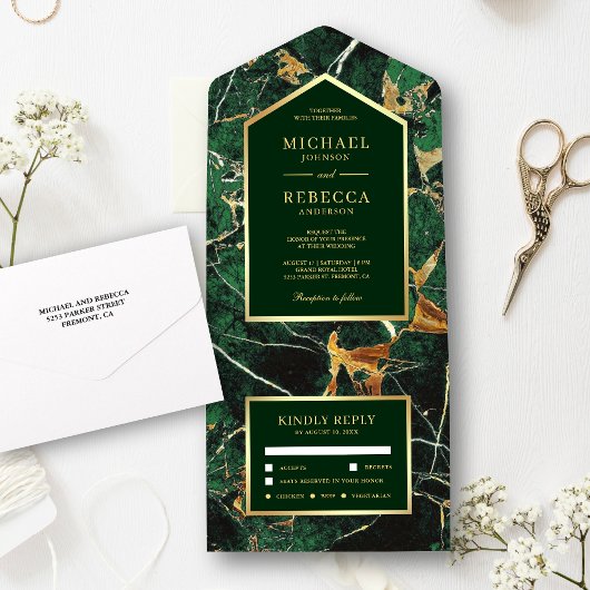 Invitation Tout En Un Emerald Green Marble Faux Gold Foil Mariage