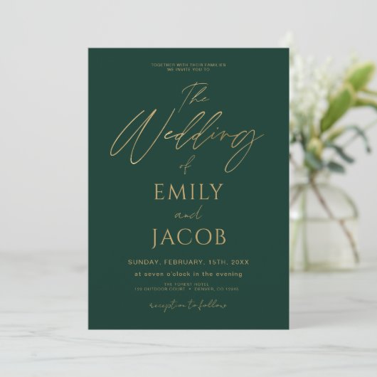 Invitation Tout en un Emerald Green Mariage Script (Debout devant)