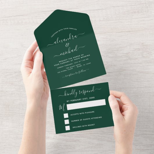 Invitation Tout En Un Emerald Green Mariage Typographie moderne RSVP (Déchirure)