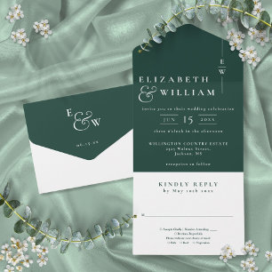 Invitation Tout En Un Emerald Green Minimalist Élégant Mariage Monogramm