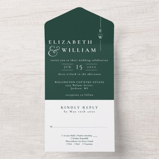 Invitation Tout En Un Emerald Green Minimalist Élégant Mariage Monogramm (À l'intérieur)