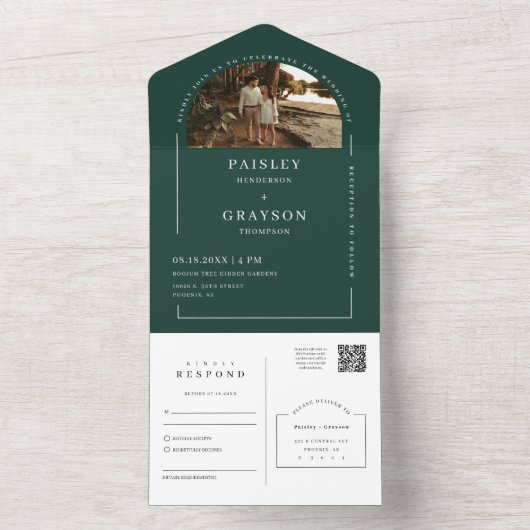 Invitation Tout En Un Emerald Green Modern Minimal Arch Photo QR Code (À l'intérieur)