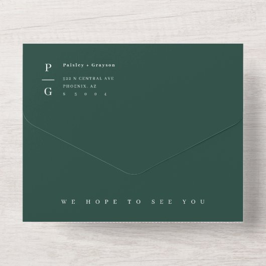 Invitation Tout En Un Emerald Green Modern Minimal Arch Photo QR Code (Verso)