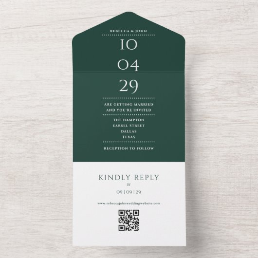 Invitation Tout En Un Emerald Green Monogram QR Code Mariage Date (À l'intérieur)
