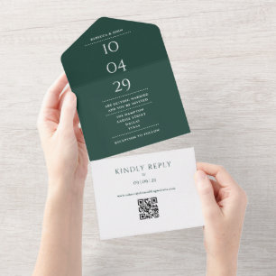 Invitation Tout En Un Emerald Green Monogram QR Code Mariage Date
