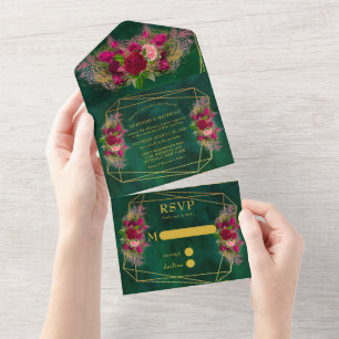 Invitation Tout En Un Emerald Green Peony Rose Mariage