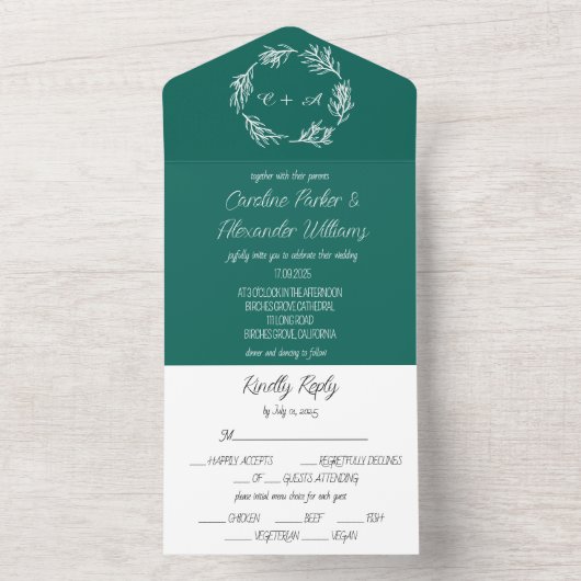 Invitation Tout En Un Emerald Green Simple Moderne Mariage Monogramme (À l'intérieur)