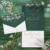 Invitation Tout En Un Emerald Green String Lights Gold Script Mariage