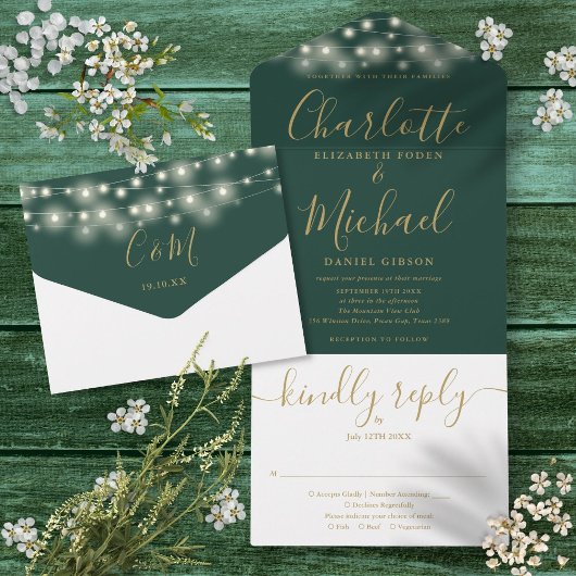 Invitation Tout En Un Emerald Green String Lights Gold Script Mariage