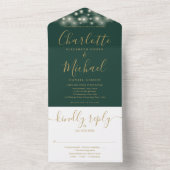Invitation Tout En Un Emerald Green String Lights Gold Script Mariage (À l'intérieur)