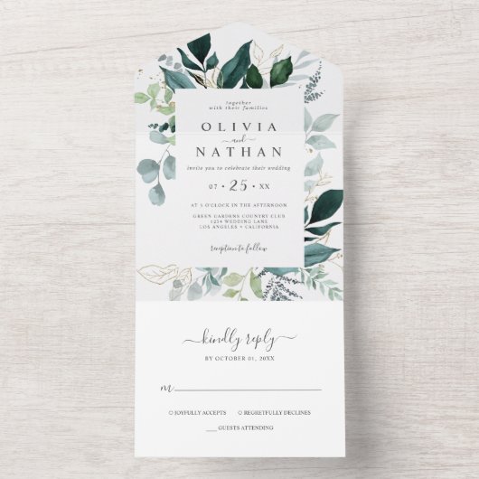 Invitation Tout En Un Emerald Greenery Gold Leaf Mariage tout en un (À l'intérieur)