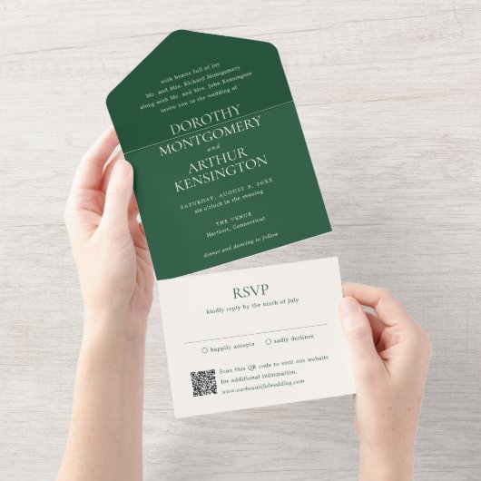 Invitation Tout En Un Emerald vert QR Code moderne Mariage élégant (Déchirure)