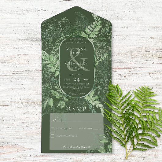 Invitation Tout En Un Émeraude de feuillage vert de fougère rustique Pas