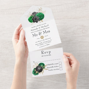 Invitation Tout En Un Emeraude foncé et floral mariage or tout en un