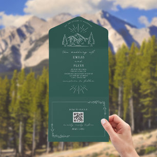 Invitation Tout En Un Émeraude rustique vintage Mountain QR