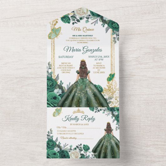 Invitation Tout En Un Émeraude Vert Floral Princesse Or Quinceañera (À l'intérieur)