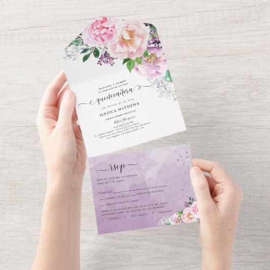 Invitation Tout En Un en espagnol, Élégant Fleurs Violettes Quinceañera  (Déchirure)