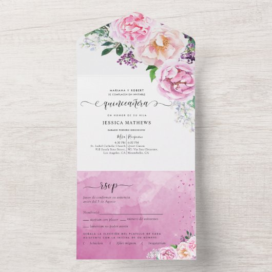 Invitation Tout En Un en espagnol, Fuchsia Élégant, Rose Chaud de Quince (À l'intérieur)