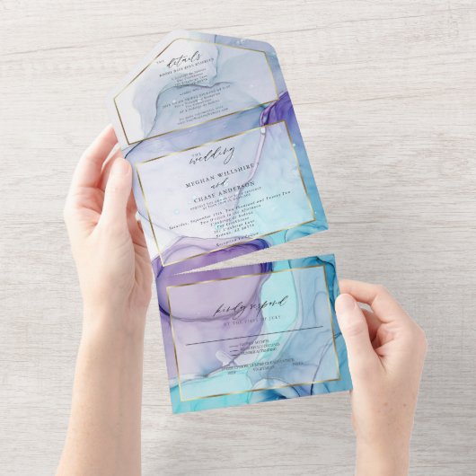 Invitation Tout En Un Encre Abstraite Violet Aqua (Déchirure)