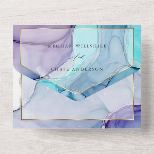 Invitation Tout En Un Encre Abstraite Violet Aqua (Verso)