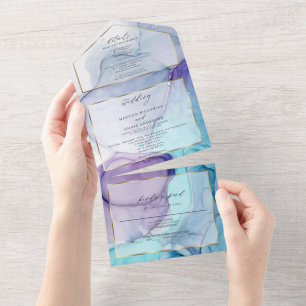 Invitation Tout En Un Encre Abstraite Violet Aqua