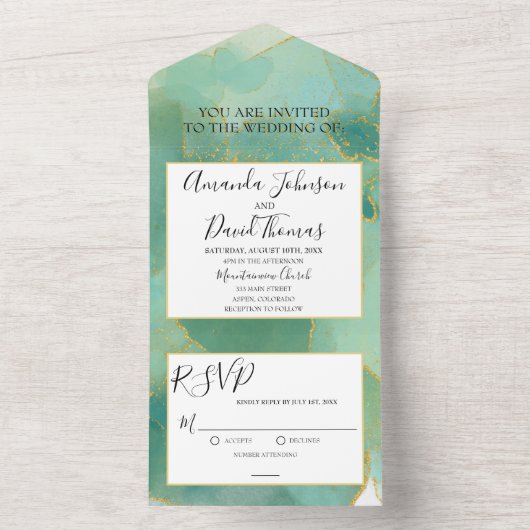 Invitation Tout En Un Encre d'alcool vert et or (À l'intérieur)