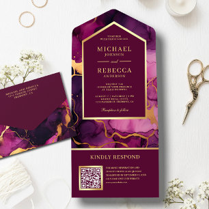 Invitation Tout En Un Encre fluide abstraite QR Code mariage Plum Gold