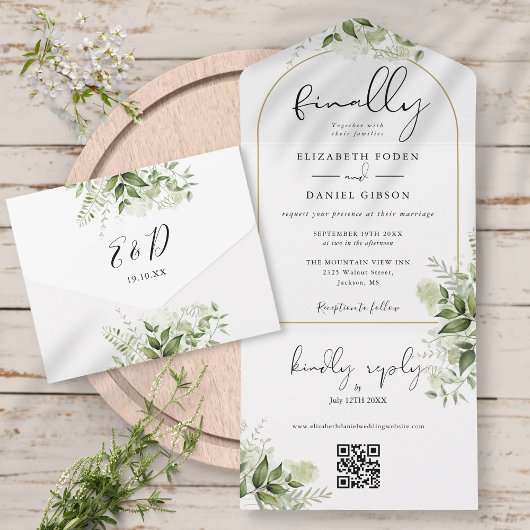 Invitation Tout En Un Enfin Arc d'or verdure Floral QR Code Mariage