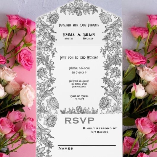 Invitation Tout En Un Ensemble floral gravé