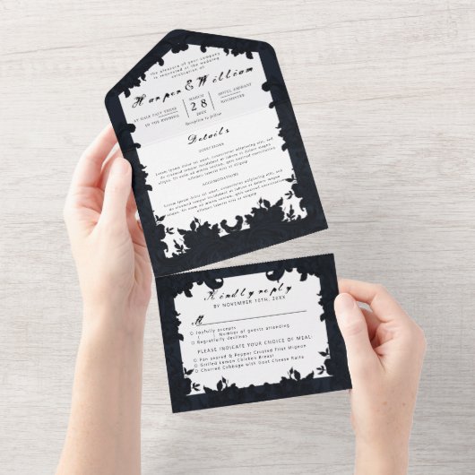 Invitation Tout En Un Enveloppe mariage victorienne bleu foncé (Déchirure)