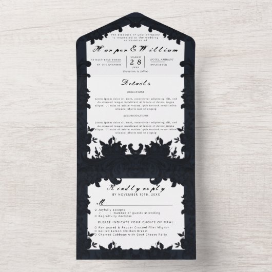 Invitation Tout En Un Enveloppe mariage victorienne bleu foncé (À l'intérieur)