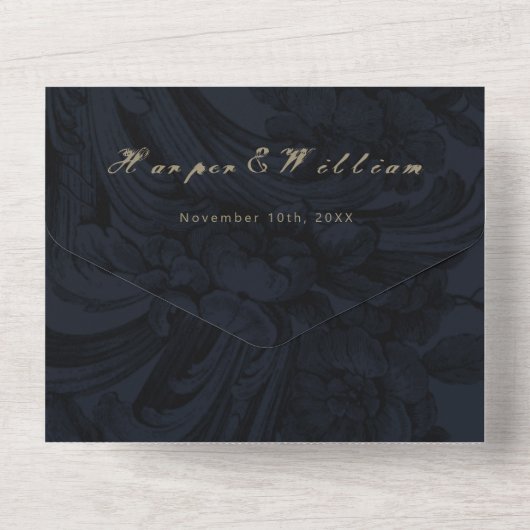 Invitation Tout En Un Enveloppe mariage victorienne bleu foncé (Verso)