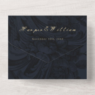 Invitation Tout En Un Enveloppe mariage victorienne bleu foncé