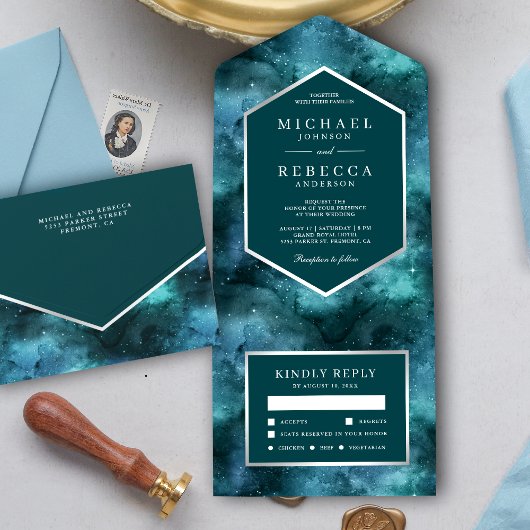 Invitation Tout En Un Espace extra-atmosphérique Turquoise Mariage de ga