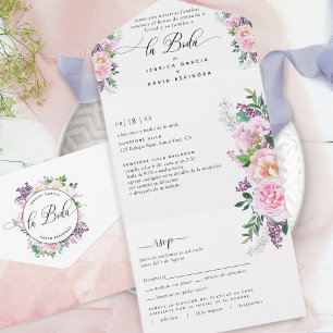 Invitation Tout En Un Espagnol Elegant Pastel Purple Mariage Tear RSVP