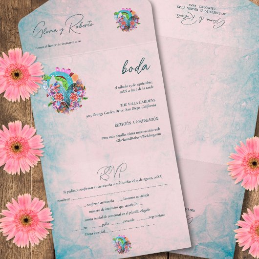 Invitation Tout En Un Espagnol, Fleurs Rustiques Coeur Mariage Mexicain
