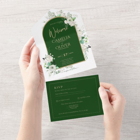 Invitation Tout En Un Été Blanc Roses Emerald Green Arch Mariage (Déchirure)