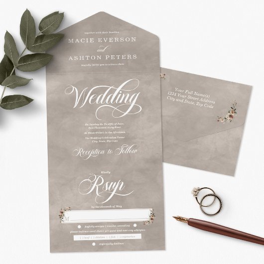 Invitation Tout En Un Ethereal Elegance Beige Boho Aquarelle Mariage