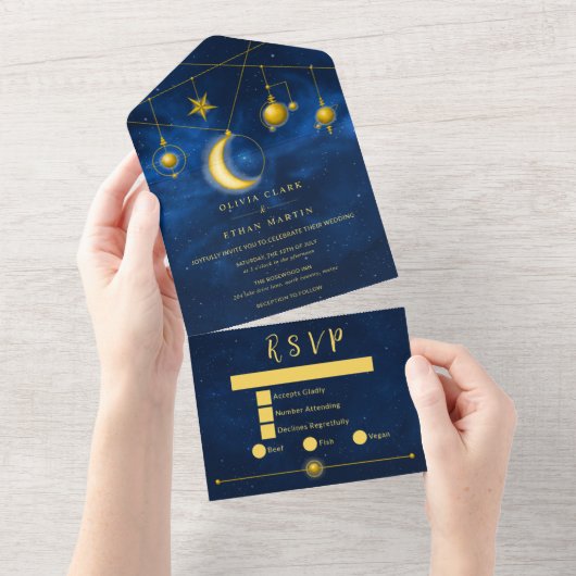 Invitation Tout En Un Étoiles d'or céleste Minuit Bleu Romantique Tout e (Déchirure)