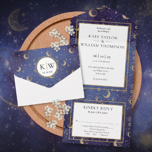Invitation Tout En Un Etoiles d'or Lune Étoiles Mariage spirituel célest