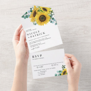 Invitation Tout En Un Eucalyptus aquarelle et Mariage de tournesols