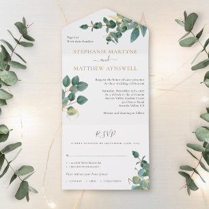 Invitation Tout En Un Eucalyptus Aquarelle Feuille or Mariage